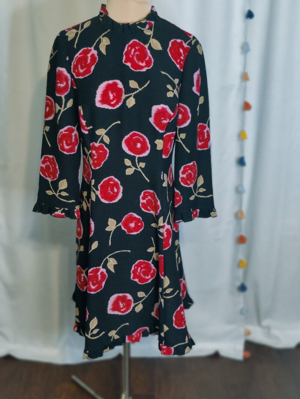 Kate Spade watercolor Op Art Roses Ruffled Midi Dress exposed zipper Paneled  4